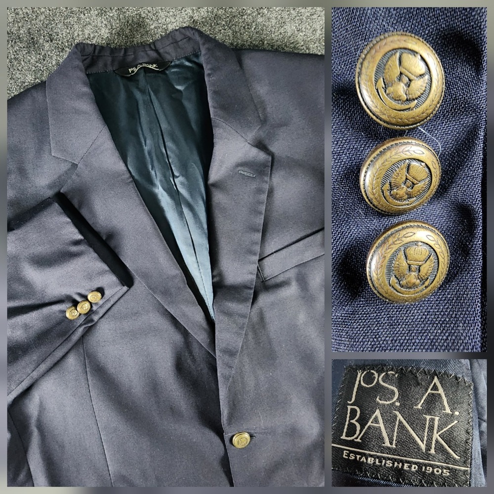 Jos A Bank Wool Navy‎ Blue Gold Buttons Blazer Jacket Sport Coat Men's Size 43R